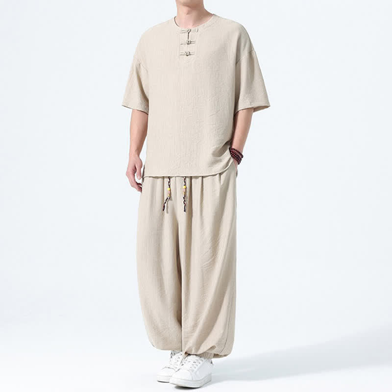 Buddha Stones 2Pcs Summer Tang Style Frog Button Solid Short Sleeve Shirt Harem Pants Men's Meditation Cloth With Pockets - image 24