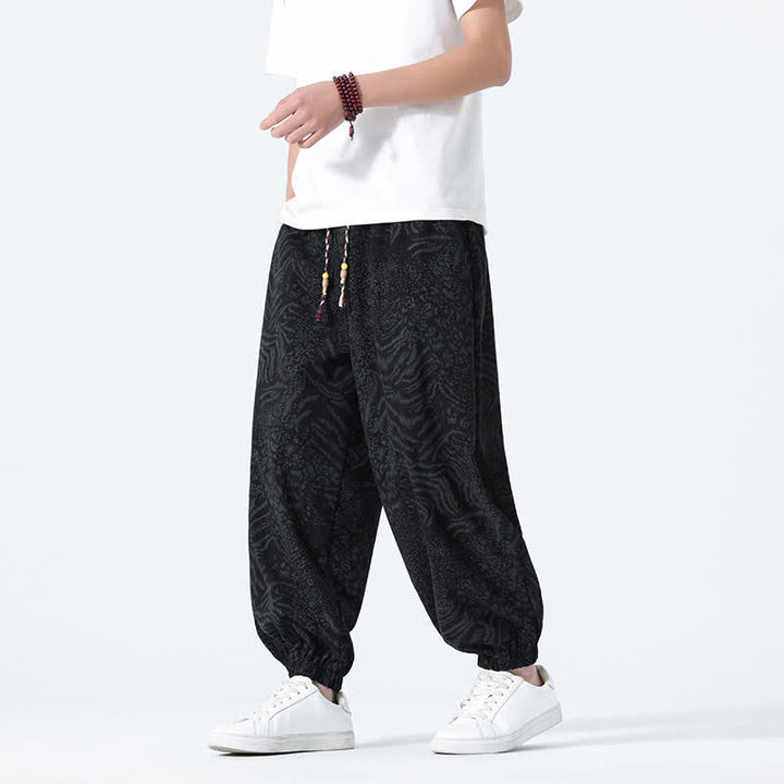 Buddha Stones Spring Summer Casual Boho Drawstring Leopard Cropped Pants Men's Harem Pants With Pockets - Black - US/UK/AU46，EU56 (5XL) - image 8