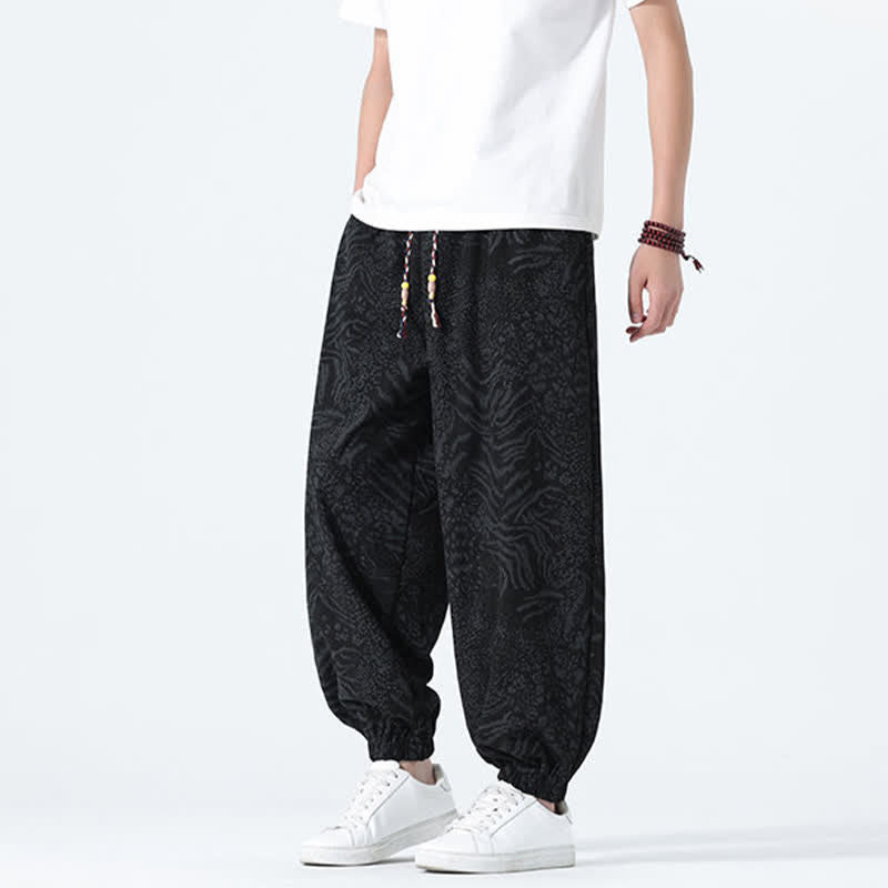 Buddha Stones Spring Summer Casual Boho Drawstring Leopard Cropped Pants Men's Harem Pants With Pockets - image 13