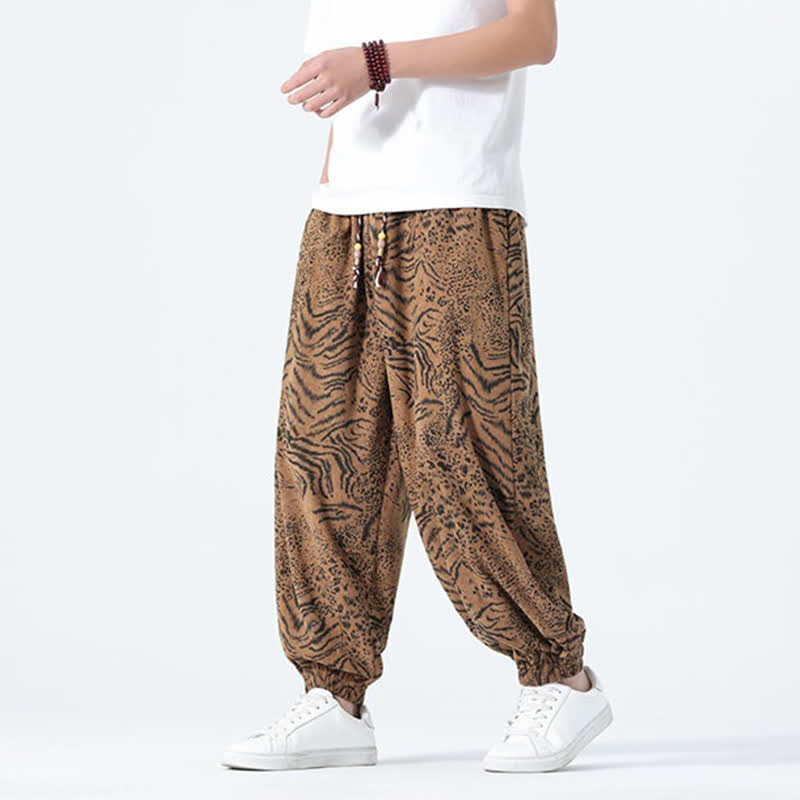 Buddha Stones Spring Summer Casual Boho Drawstring Leopard Cropped Pants Men's Harem Pants With Pockets - Tan - US/UK/AU46，EU56 (5XL) - image 16