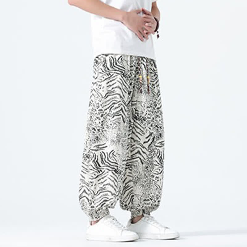 Buddha Stones Spring Summer Casual Boho Drawstring Leopard Cropped Pants Men's Harem Pants With Pockets - image 26