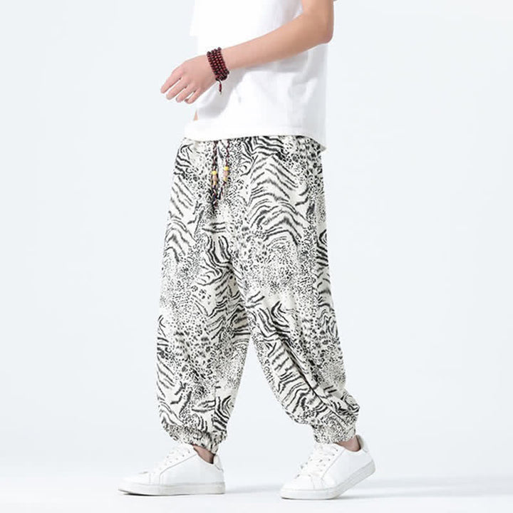 Buddha Stones Spring Summer Casual Boho Drawstring Leopard Cropped Pants Men's Harem Pants With Pockets - White - US/UK/AU46，EU56 (5XL) - image 24