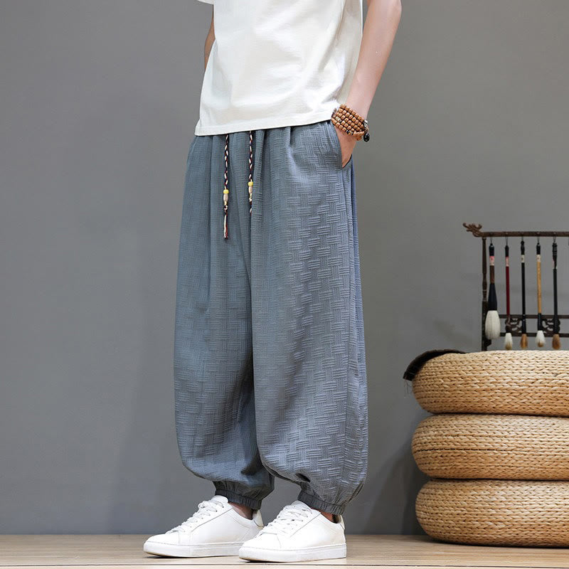 Buddha Stones Summer Casual Drawstring Solid Woven Rattan Texture Pattern Ankle Pants Men's Harem Pants With Pocket - image 1