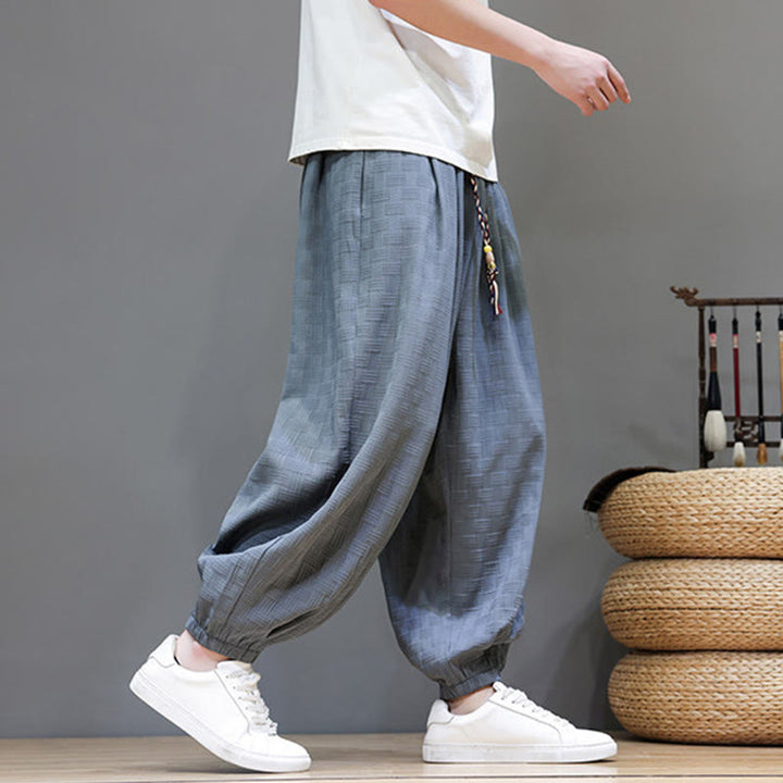 Buddha Stones Summer Casual Drawstring Solid Woven Rattan Texture Pattern Ankle Pants Men's Harem Pants With Pocket - image 3