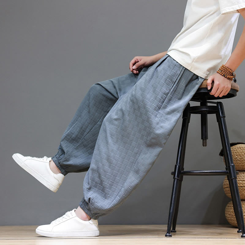 Buddha Stones Summer Casual Drawstring Solid Woven Rattan Texture Pattern Ankle Pants Men's Harem Pants With Pocket - LightSlateGray - US/UK/AU46，EU56 (5XL) - image 0