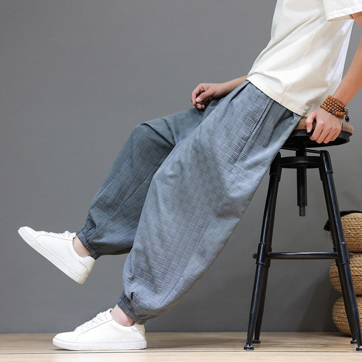 Buddha Stones Summer Casual Drawstring Solid Woven Rattan Texture Pattern Ankle Pants Men's Harem Pants With Pocket - LightSlateGray - US/UK/AU46，EU56 (5XL) - image 0