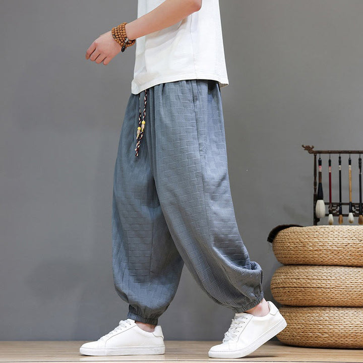 Buddha Stones Summer Casual Drawstring Solid Woven Rattan Texture Pattern Ankle Pants Men's Harem Pants With Pocket - image 2