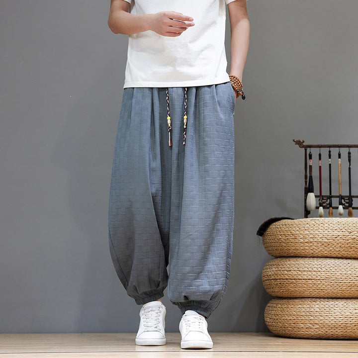 Buddha Stones Summer Casual Drawstring Solid Woven Rattan Texture Pattern Ankle Pants Men's Harem Pants With Pocket - image 5