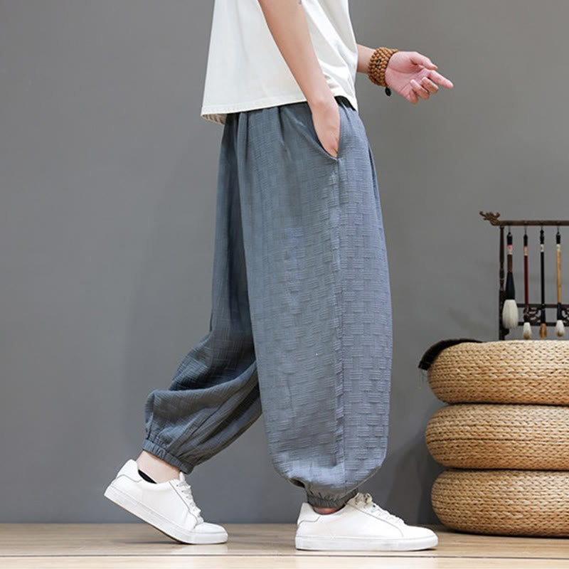 Buddha Stones Summer Casual Drawstring Solid Woven Rattan Texture Pattern Ankle Pants Men's Harem Pants With Pocket - image 6