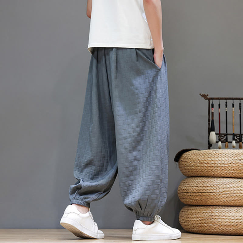 Buddha Stones Summer Casual Drawstring Solid Woven Rattan Texture Pattern Ankle Pants Men's Harem Pants With Pocket - image 4