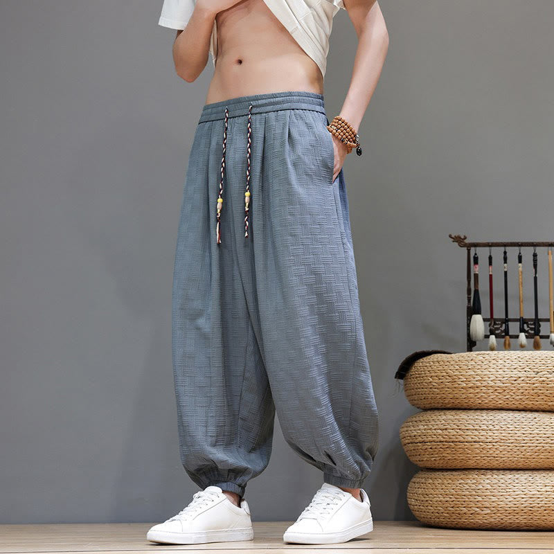 Buddha Stones Summer Casual Drawstring Solid Woven Rattan Texture Pattern Ankle Pants Men's Harem Pants With Pocket - image 8