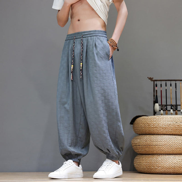Buddha Stones Summer Casual Drawstring Solid Woven Rattan Texture Pattern Ankle Pants Men's Harem Pants With Pocket - image 8