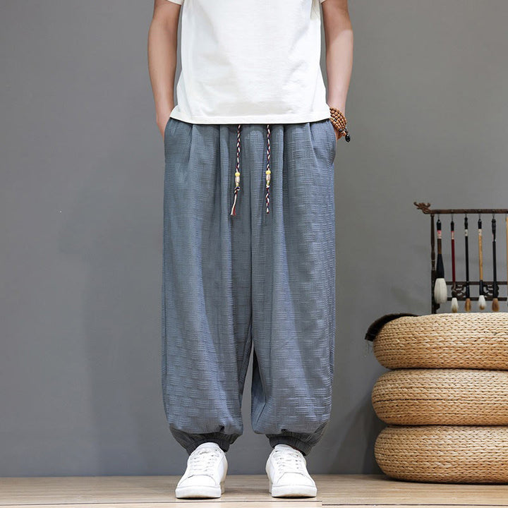Buddha Stones Summer Casual Drawstring Solid Woven Rattan Texture Pattern Ankle Pants Men's Harem Pants With Pocket - image 7