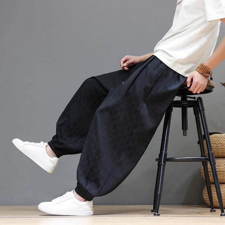 Buddha Stones Summer Casual Drawstring Solid Woven Rattan Texture Pattern Ankle Pants Men's Harem Pants With Pocket - image 16