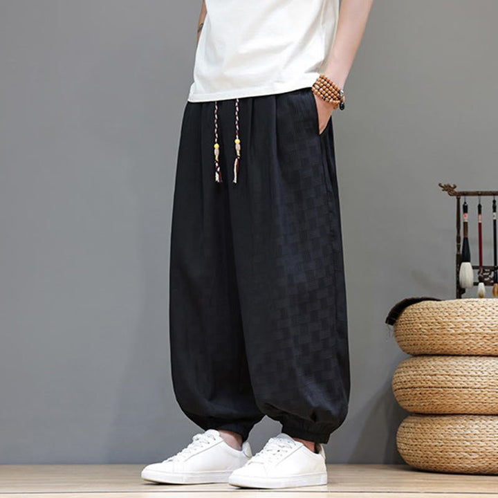Buddha Stones Summer Casual Drawstring Solid Woven Rattan Texture Pattern Ankle Pants Men's Harem Pants With Pocket - image 11