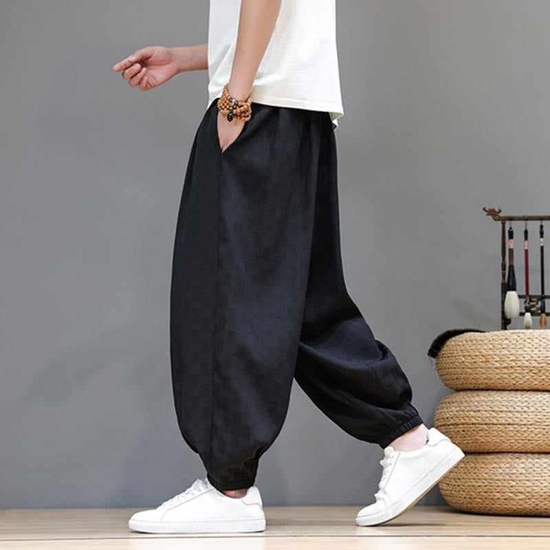 Buddha Stones Summer Casual Drawstring Solid Woven Rattan Texture Pattern Ankle Pants Men's Harem Pants With Pocket - image 10
