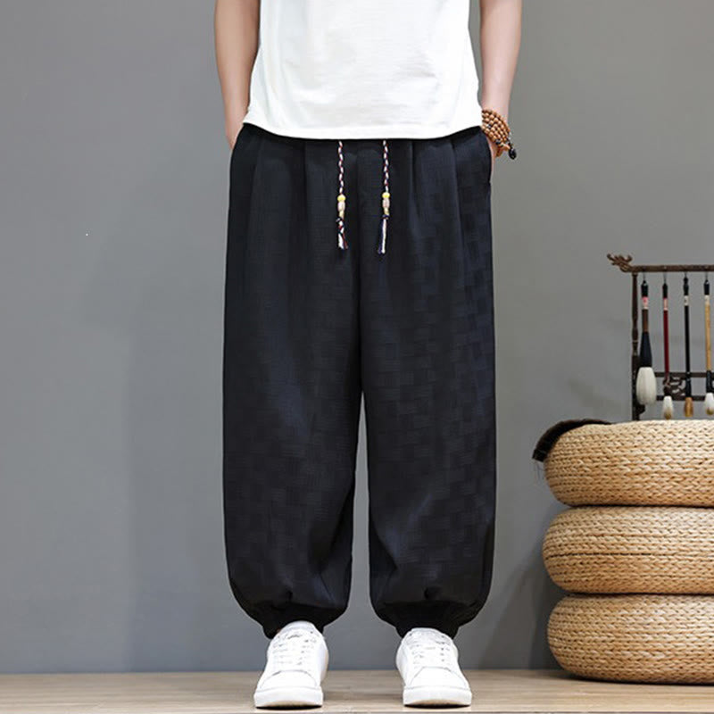 Buddha Stones Summer Casual Drawstring Solid Woven Rattan Texture Pattern Ankle Pants Men's Harem Pants With Pocket - Black - US/UK/AU46，EU56 (5XL) - image 9