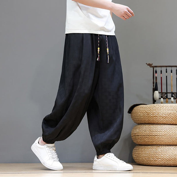 Buddha Stones Summer Casual Drawstring Solid Woven Rattan Texture Pattern Ankle Pants Men's Harem Pants With Pocket - image 14