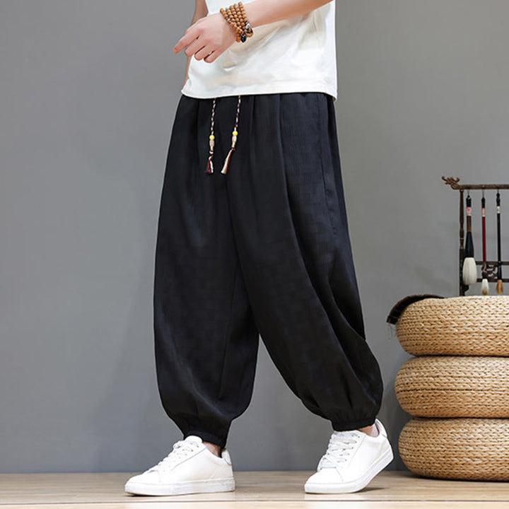 Buddha Stones Summer Casual Drawstring Solid Woven Rattan Texture Pattern Ankle Pants Men's Harem Pants With Pocket - image 15