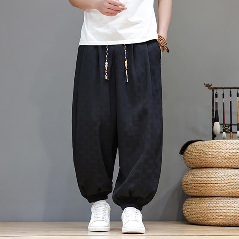 Buddha Stones Summer Casual Drawstring Solid Woven Rattan Texture Pattern Ankle Pants Men's Harem Pants With Pocket - image 12