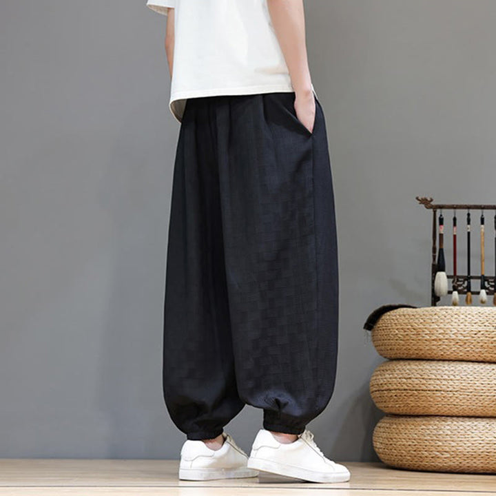 Buddha Stones Summer Casual Drawstring Solid Woven Rattan Texture Pattern Ankle Pants Men's Harem Pants With Pocket - image 13