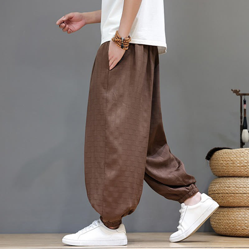 Buddha Stones Summer Casual Drawstring Solid Woven Rattan Texture Pattern Ankle Pants Men's Harem Pants With Pocket - image 20