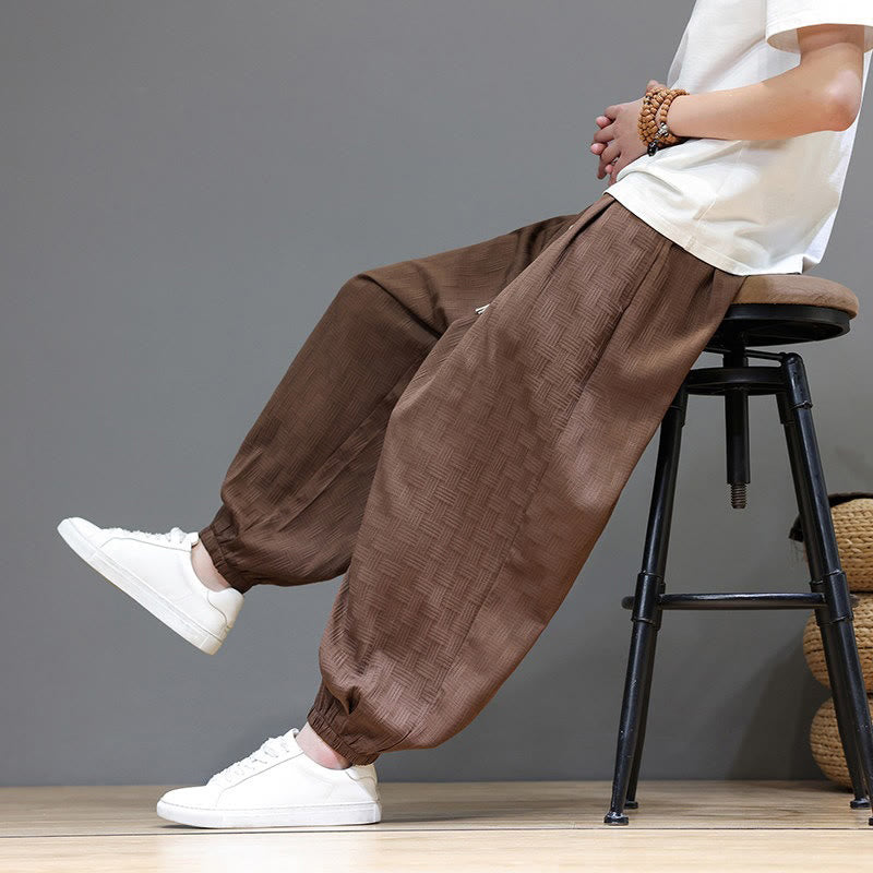 Buddha Stones Summer Casual Drawstring Solid Woven Rattan Texture Pattern Ankle Pants Men's Harem Pants With Pocket - image 24