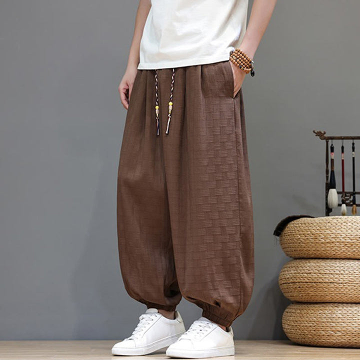 Buddha Stones Summer Casual Drawstring Solid Woven Rattan Texture Pattern Ankle Pants Men's Harem Pants With Pocket - image 18