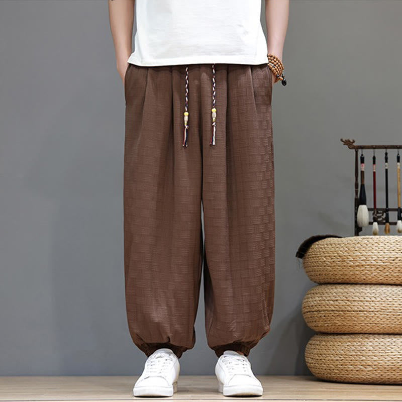 Buddha Stones Summer Casual Drawstring Solid Woven Rattan Texture Pattern Ankle Pants Men's Harem Pants With Pocket - Sienna - US/UK/AU46，EU56 (5XL) - image 17