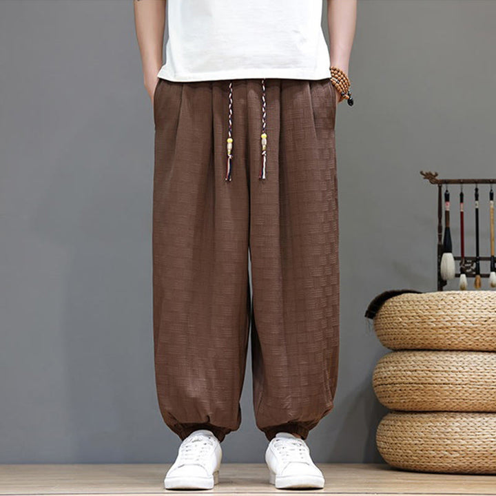 Buddha Stones Summer Casual Drawstring Solid Woven Rattan Texture Pattern Ankle Pants Men's Harem Pants With Pocket - Sienna - US/UK/AU46，EU56 (5XL) - image 17