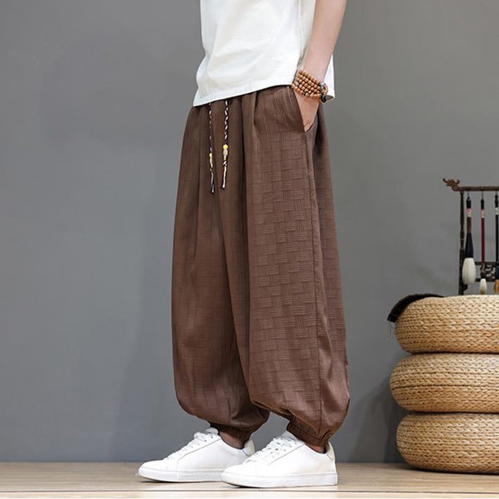 Buddha Stones Summer Casual Drawstring Solid Woven Rattan Texture Pattern Ankle Pants Men's Harem Pants With Pocket - image 21