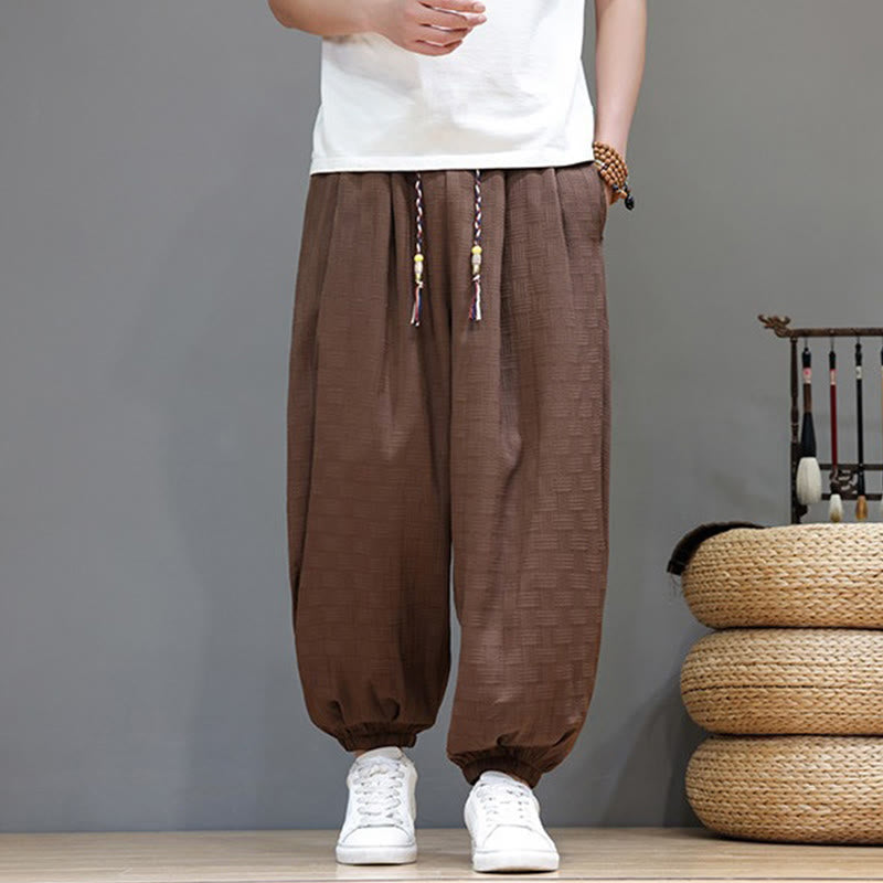 Buddha Stones Summer Casual Drawstring Solid Woven Rattan Texture Pattern Ankle Pants Men's Harem Pants With Pocket - image 23