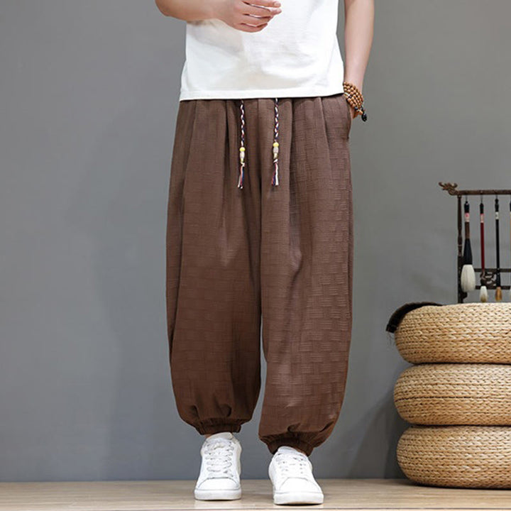 Buddha Stones Summer Casual Drawstring Solid Woven Rattan Texture Pattern Ankle Pants Men's Harem Pants With Pocket - image 23