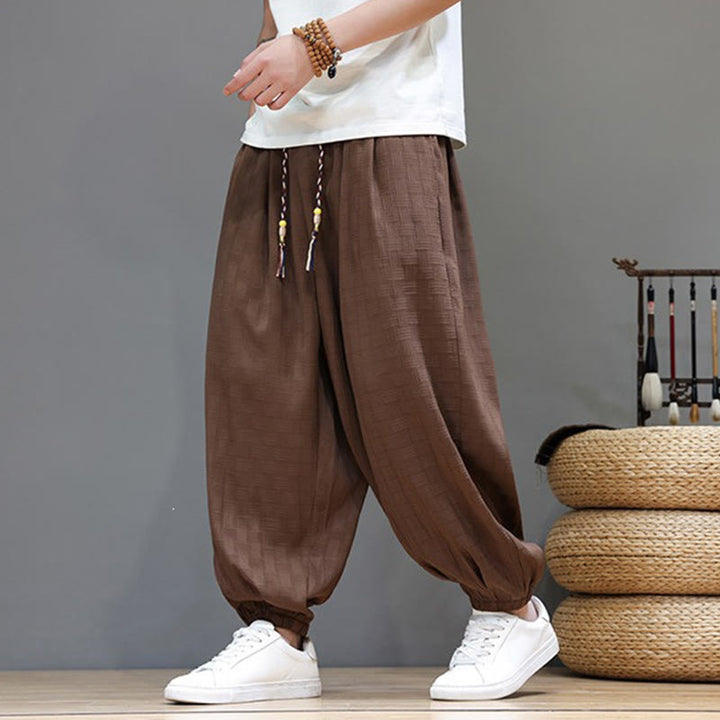 Buddha Stones Summer Casual Drawstring Solid Woven Rattan Texture Pattern Ankle Pants Men's Harem Pants With Pocket - image 22