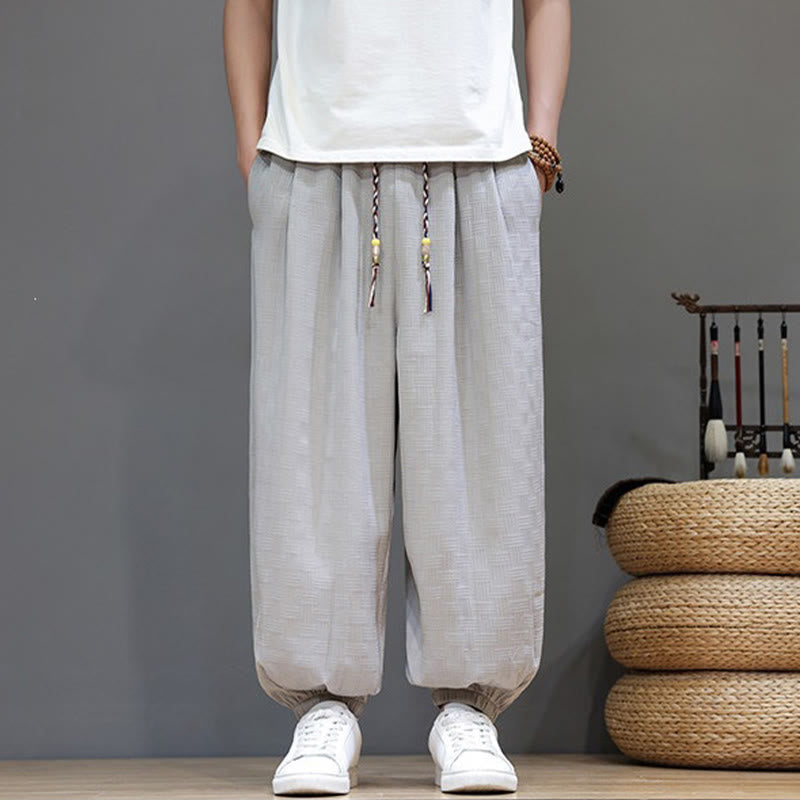 Buddha Stones Summer Casual Drawstring Solid Woven Rattan Texture Pattern Ankle Pants Men's Harem Pants With Pocket - Gainsboro - US/UK/AU46，EU56 (5XL) - image 25