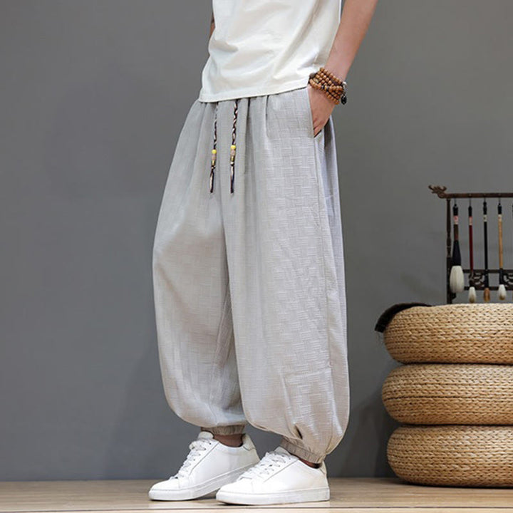 Buddha Stones Summer Casual Drawstring Solid Woven Rattan Texture Pattern Ankle Pants Men's Harem Pants With Pocket - image 29