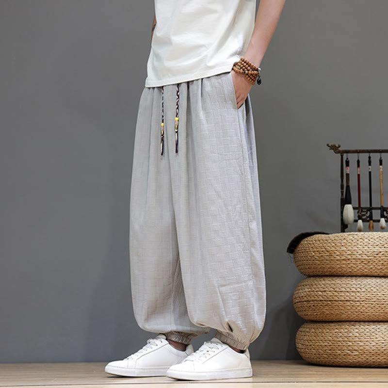 Buddha Stones Summer Casual Drawstring Solid Woven Rattan Texture Pattern Ankle Pants Men's Harem Pants With Pocket - image 26