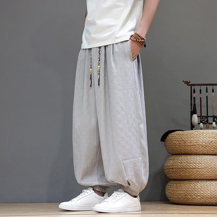 Buddha Stones Summer Casual Drawstring Solid Woven Rattan Texture Pattern Ankle Pants Men's Harem Pants With Pocket - image 26