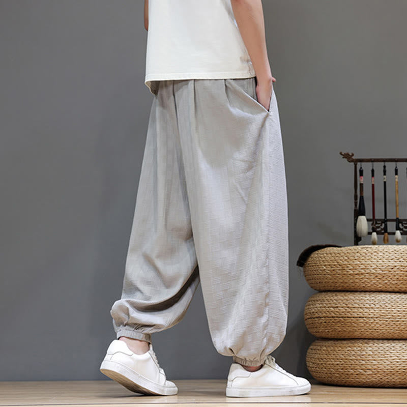 Buddha Stones Summer Casual Drawstring Solid Woven Rattan Texture Pattern Ankle Pants Men's Harem Pants With Pocket - image 28