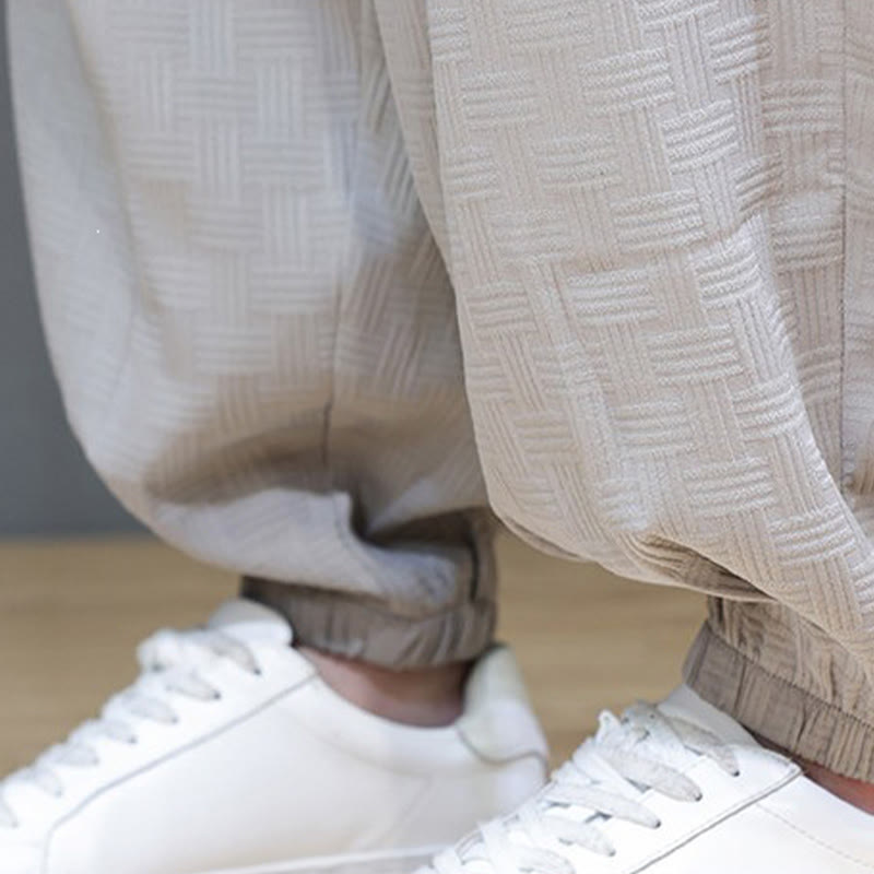 Buddha Stones Summer Casual Drawstring Solid Woven Rattan Texture Pattern Ankle Pants Men's Harem Pants With Pocket - image 35