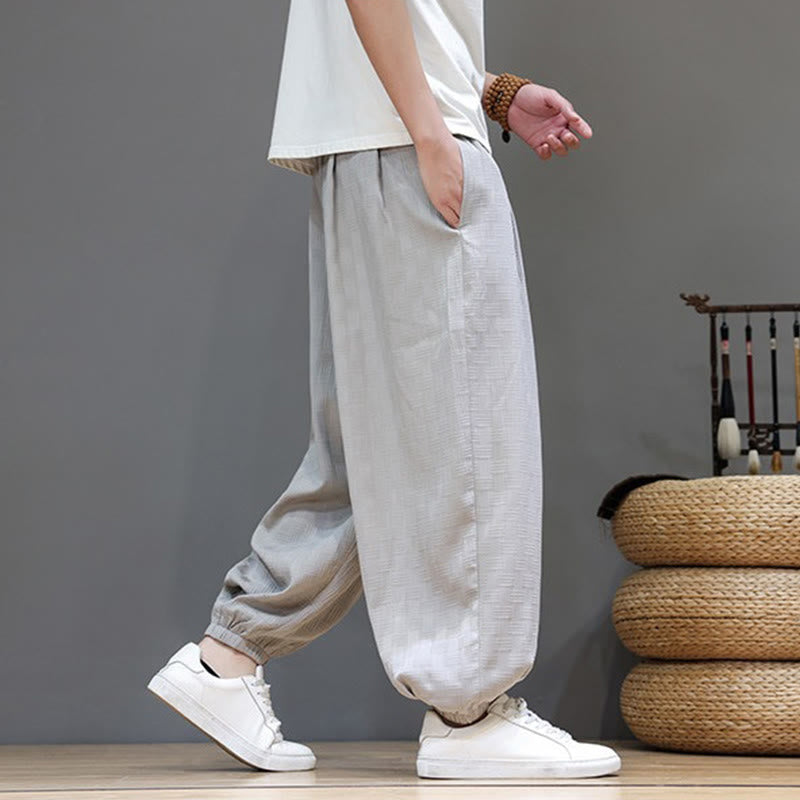 Buddha Stones Summer Casual Drawstring Solid Woven Rattan Texture Pattern Ankle Pants Men's Harem Pants With Pocket - image 30