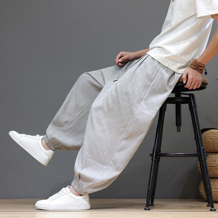 Buddha Stones Summer Casual Drawstring Solid Woven Rattan Texture Pattern Ankle Pants Men's Harem Pants With Pocket - image 31