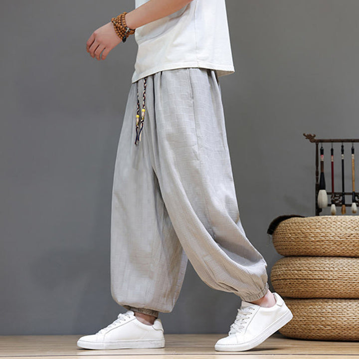 Buddha Stones Summer Casual Drawstring Solid Woven Rattan Texture Pattern Ankle Pants Men's Harem Pants With Pocket - image 32