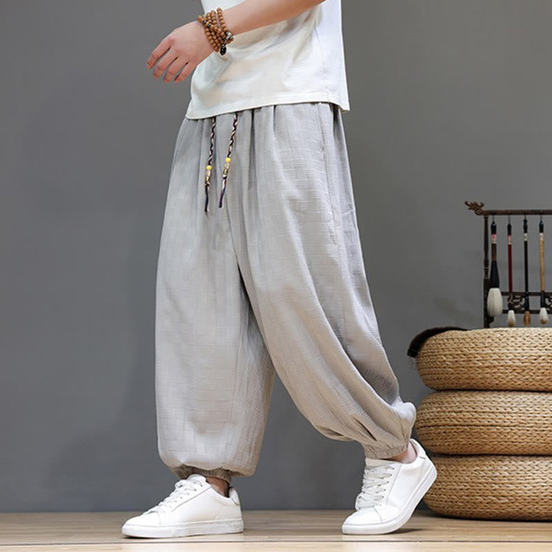 Buddha Stones Summer Casual Drawstring Solid Woven Rattan Texture Pattern Ankle Pants Men's Harem Pants With Pocket - image 27