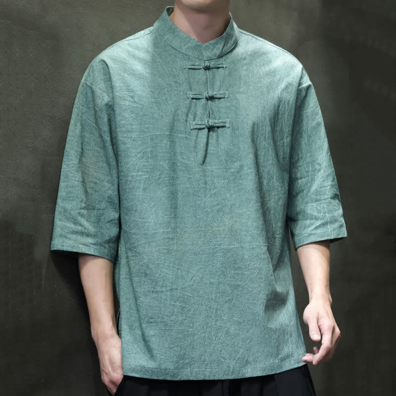 Buddha Stones Summer Tang Style Three Frog Buttons Solid Men's Short Sleeve Shirts - CadetBlue - US/UK/AU46，EU56 (5XL) - image 0