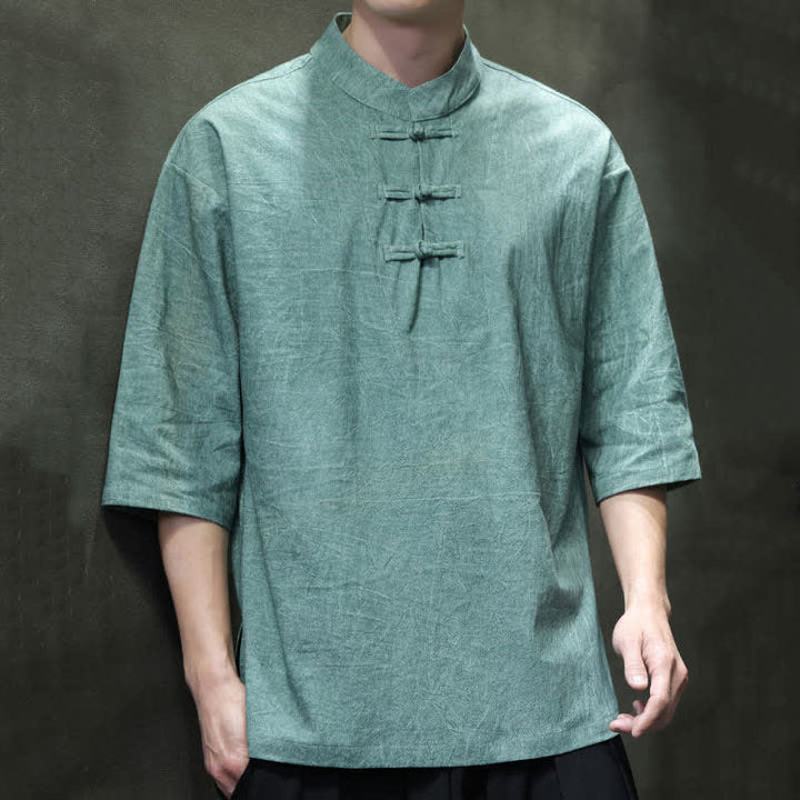 Buddha Stones Summer Tang Style Three Frog Buttons Solid Men's Short Sleeve Shirts - CadetBlue - US/UK/AU46，EU56 (5XL) - image 0