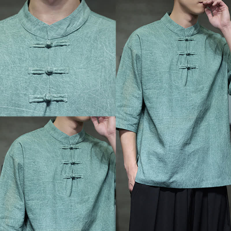 Buddha Stones Summer Tang Style Three Frog Buttons Solid Men's Short Sleeve Shirts - image 12