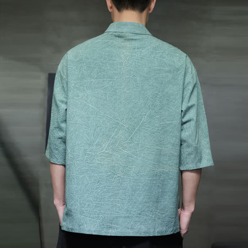 Buddha Stones Summer Tang Style Three Frog Buttons Solid Men's Short Sleeve Shirts - image 3
