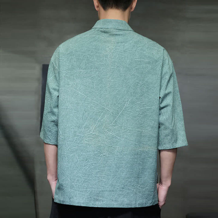 Buddha Stones Summer Tang Style Three Frog Buttons Solid Men's Short Sleeve Shirts - image 3