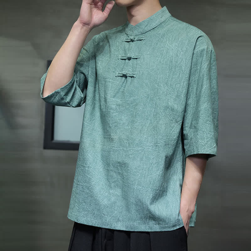Buddha Stones Summer Tang Style Three Frog Buttons Solid Men's Short Sleeve Shirts - image 5